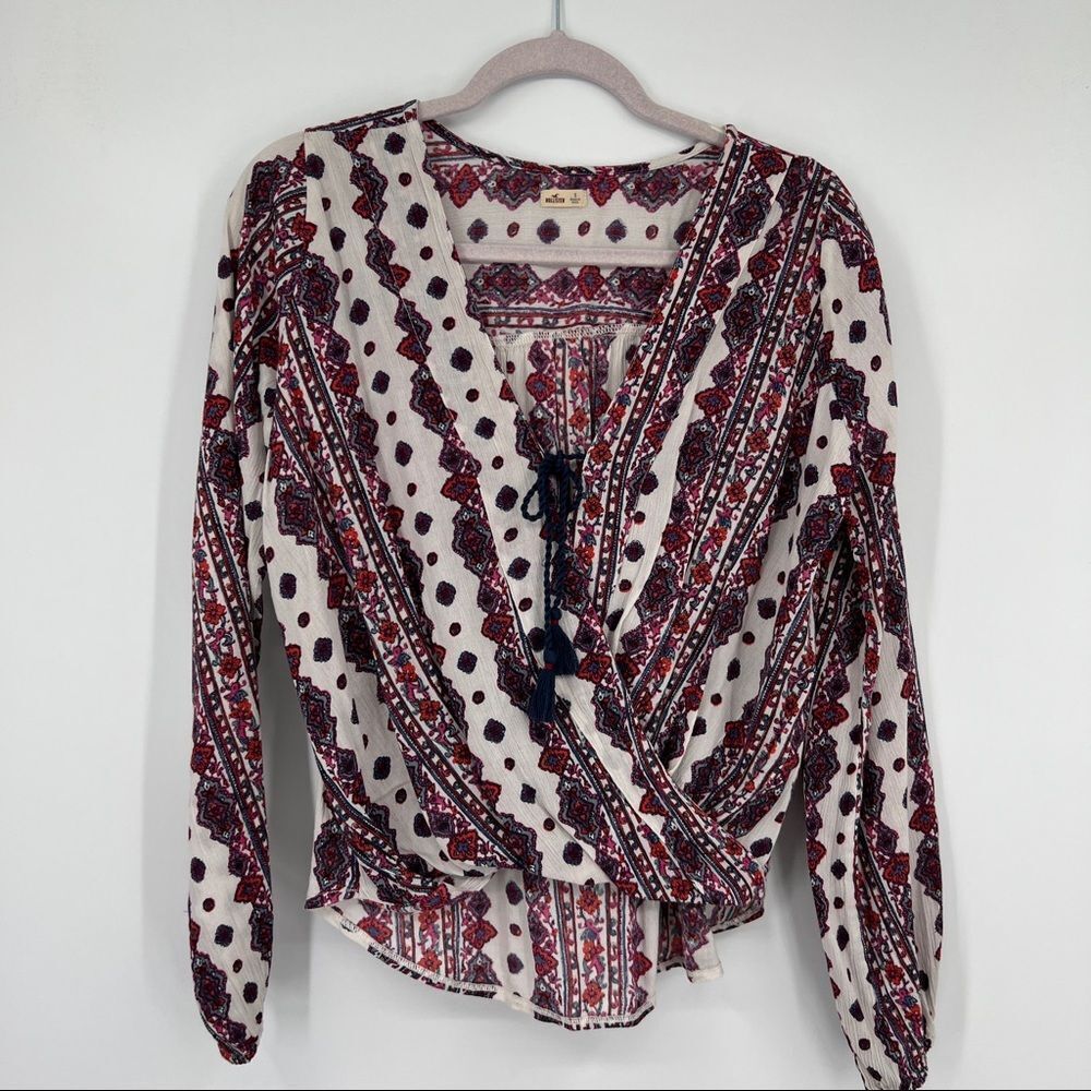 Hollister Multi Striped Printed Faux Wrap Tassel Boho Long Sleeve Peasant Blouse